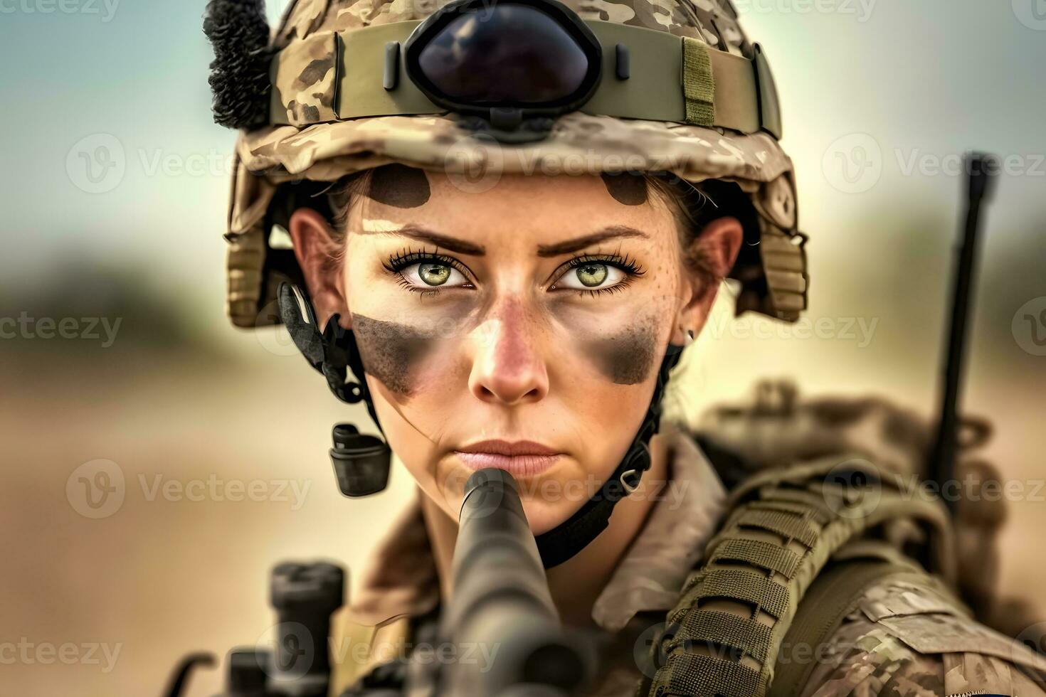 bonita fêmea soldado retrato. neural rede ai gerado foto