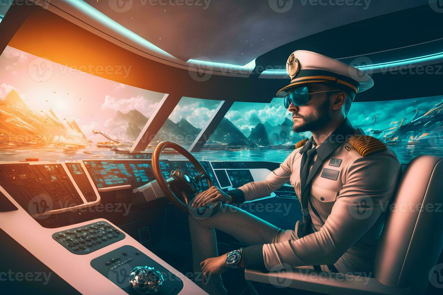 navio capitão em uma moderno futurista barco transporte às mar. neural rede gerado arte foto