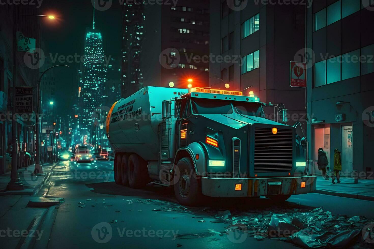 lixo caminhão dentro a noite cidade. neural rede ai gerado foto