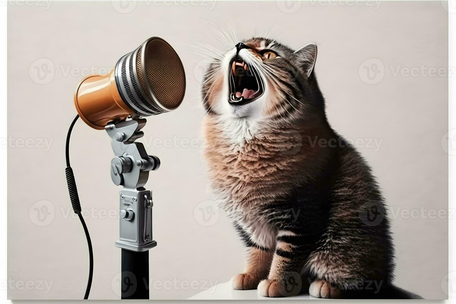 gato artista canta para dentro uma microfone. neural rede ai gerado foto