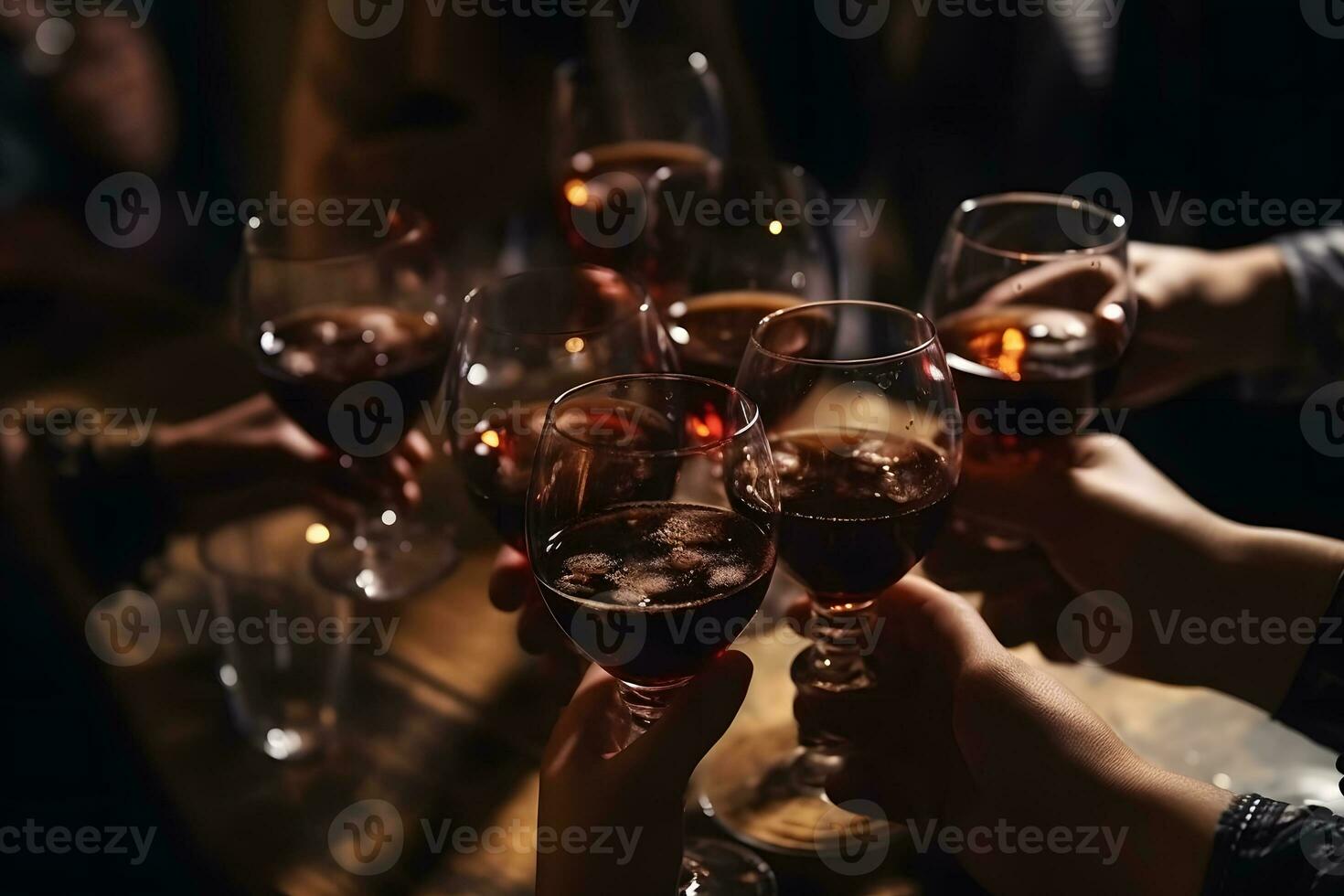 grupo do amigos desfrutando álcool bebidas. jovem pessoas mãos torcendo às Barra restaurante. neural rede ai gerado foto