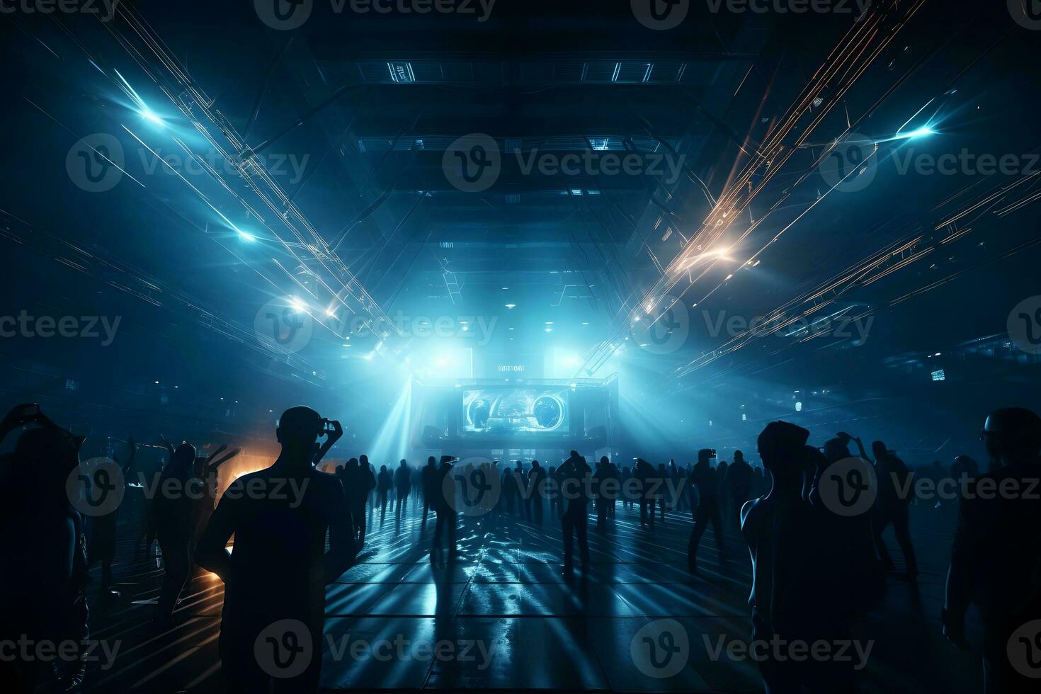 silhueta dentro delírio noite clube debaixo azul raios feixes desfrutando às show. neural rede ai gerado foto