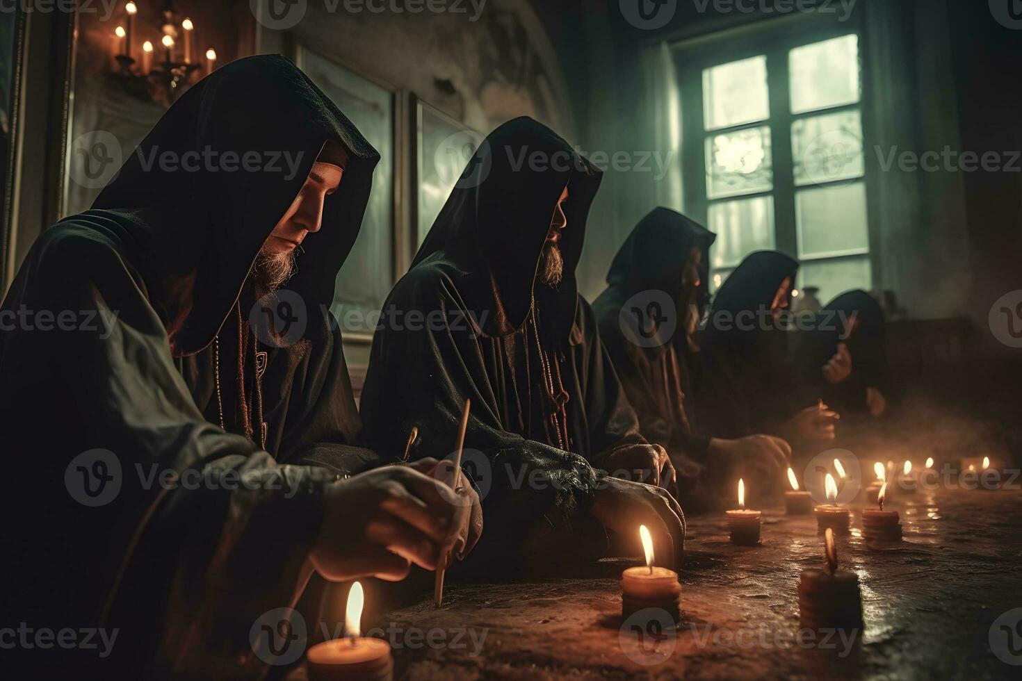 ritual do medieval padres com velas dentro a têmpora. neural rede ai gerado foto