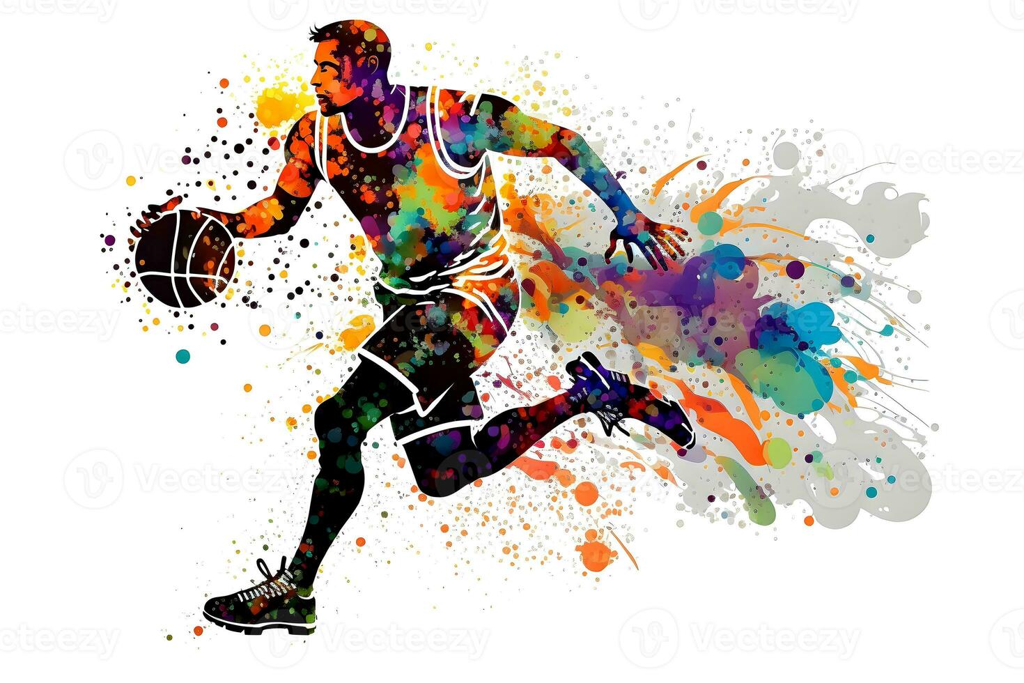 basquetebol aguarela respingo jogador dentro açao com uma bola isolado em branco fundo. neural rede gerado arte foto