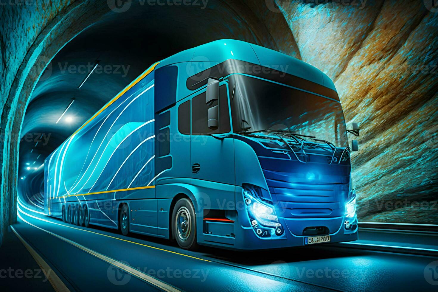 caminhão reboque dirigindo às a néon túnel. neural rede gerado arte foto