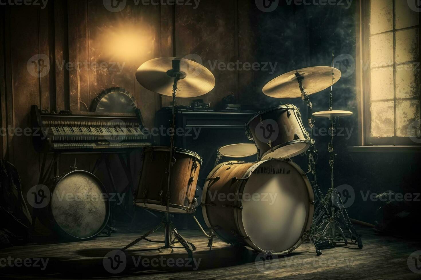 tambor kit dentro uma grunge garagem. neural rede ai gerado foto
