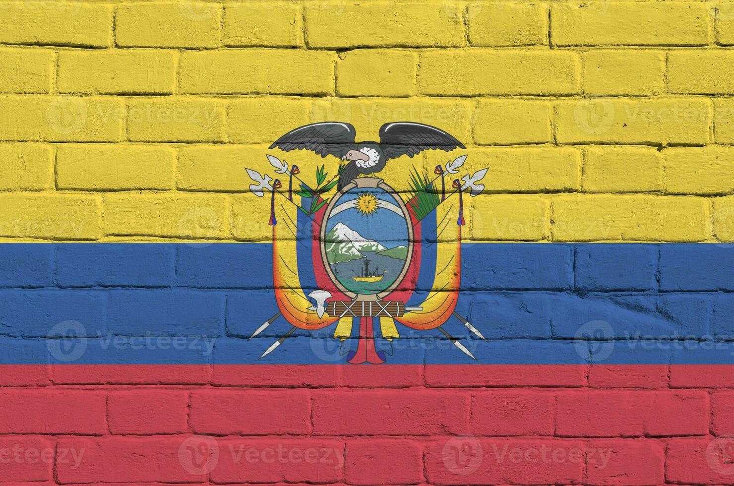 Equador bandeira retratado dentro pintura cores em velho tijolo muro. texturizado bandeira em grande tijolo parede alvenaria fundo foto