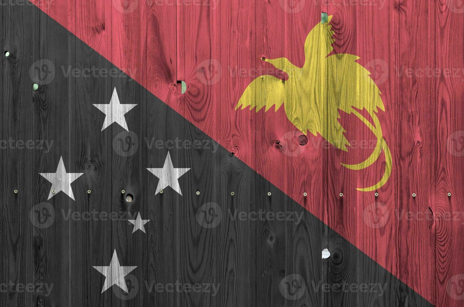 papua Novo Guiné bandeira retratado dentro brilhante pintura cores em velho de madeira muro. texturizado bandeira em rude fundo foto