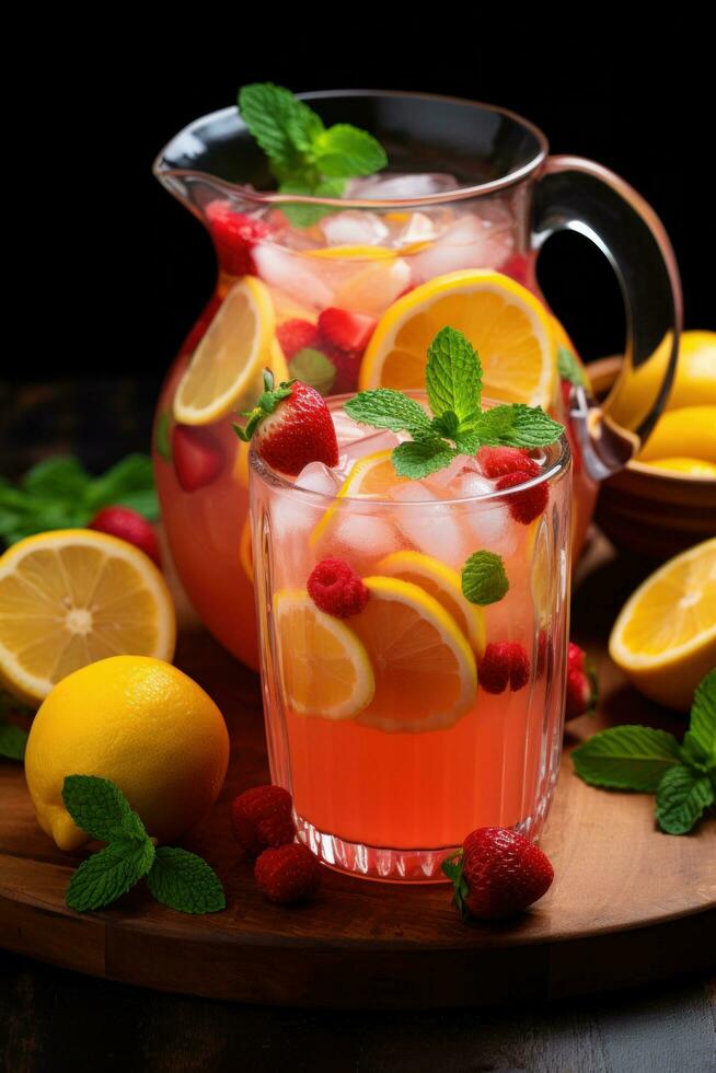 gelado e refrescante limonada com fatiado fruta foto