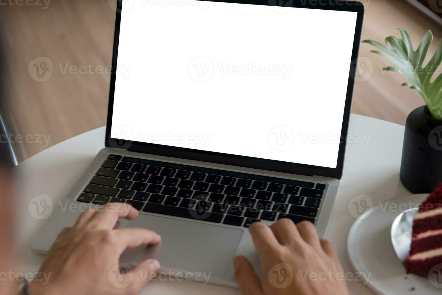 homem usando e digitando em computador portátil computador brincar com em branco tela. foto