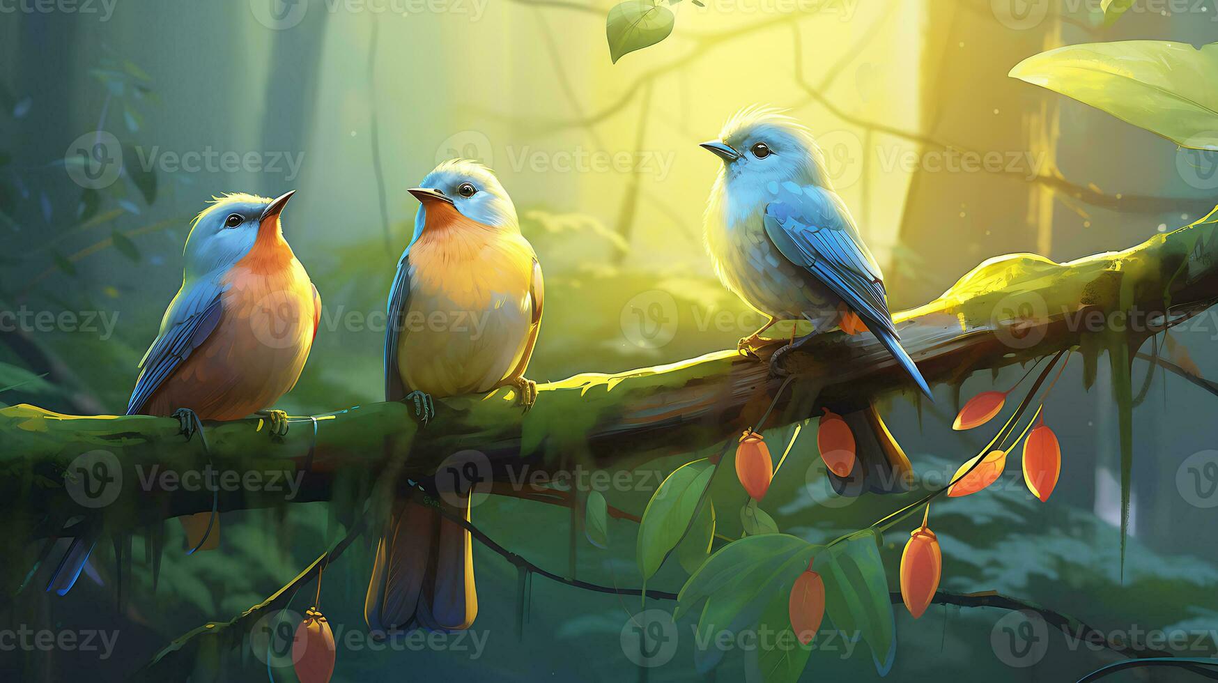 colorida três pássaros descansar em a floresta gerado de ai foto