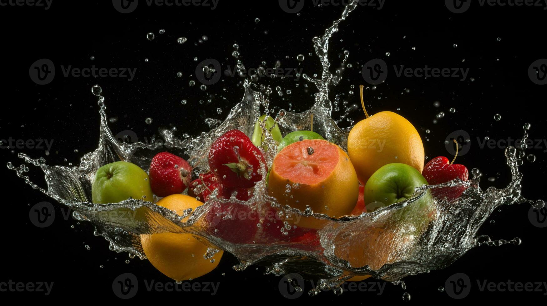 hiper realista fruta queda dentro água fluxo, movimento, cristais, generativo ai foto