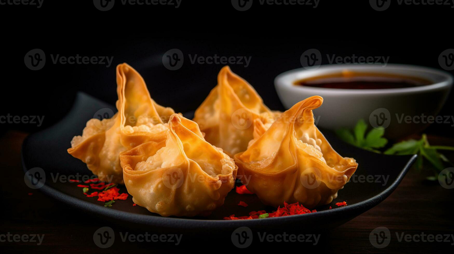 Wonton - oriental profundo frito wontons preenchidas com camarão e Primavera cebola, servido com bolinho de massa e Pimenta molhos, generativo ai foto