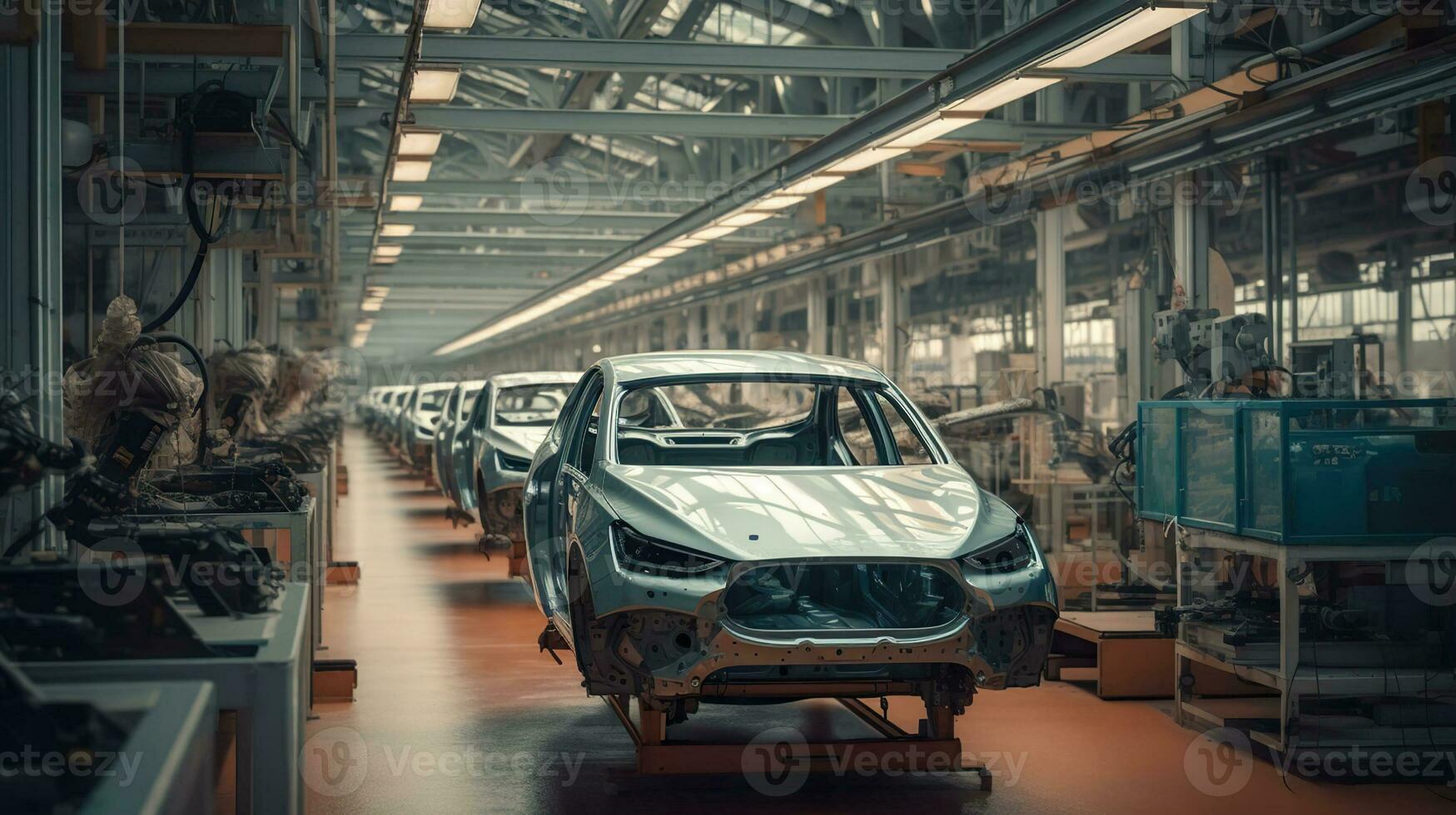 atrás a cenas, explorando a interior funcionamento do uma carro fábrica. generativo ai foto