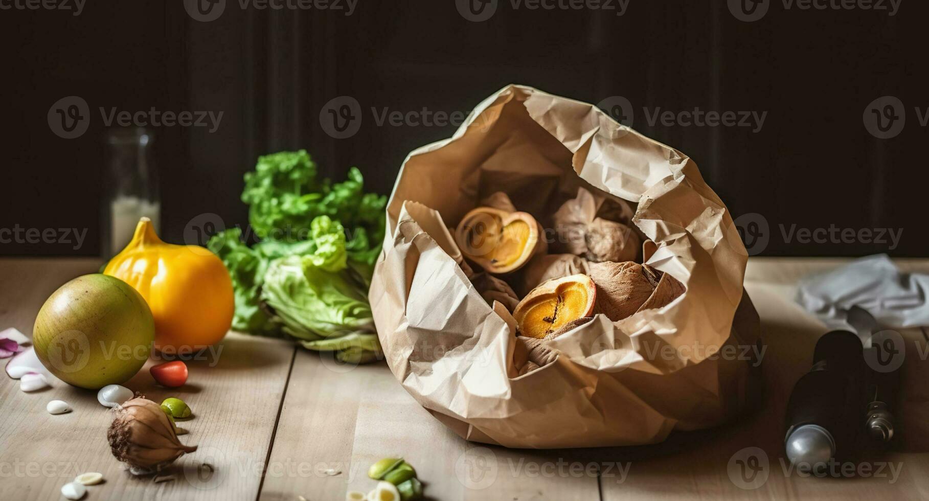 cozinha sobras dentro papel bolsa, generativo ai foto