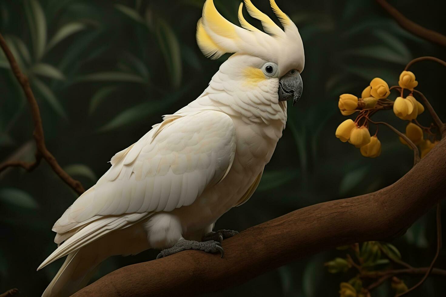 crista amarela cacatua, em pé em uma árvore ramo graciosamente. generativo ai foto