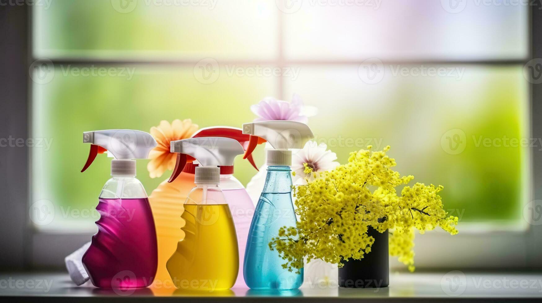 Primavera limpeza conceito - limpeza suprimentos e flores em borrão fundo, cópia de espaço. generativo ai foto