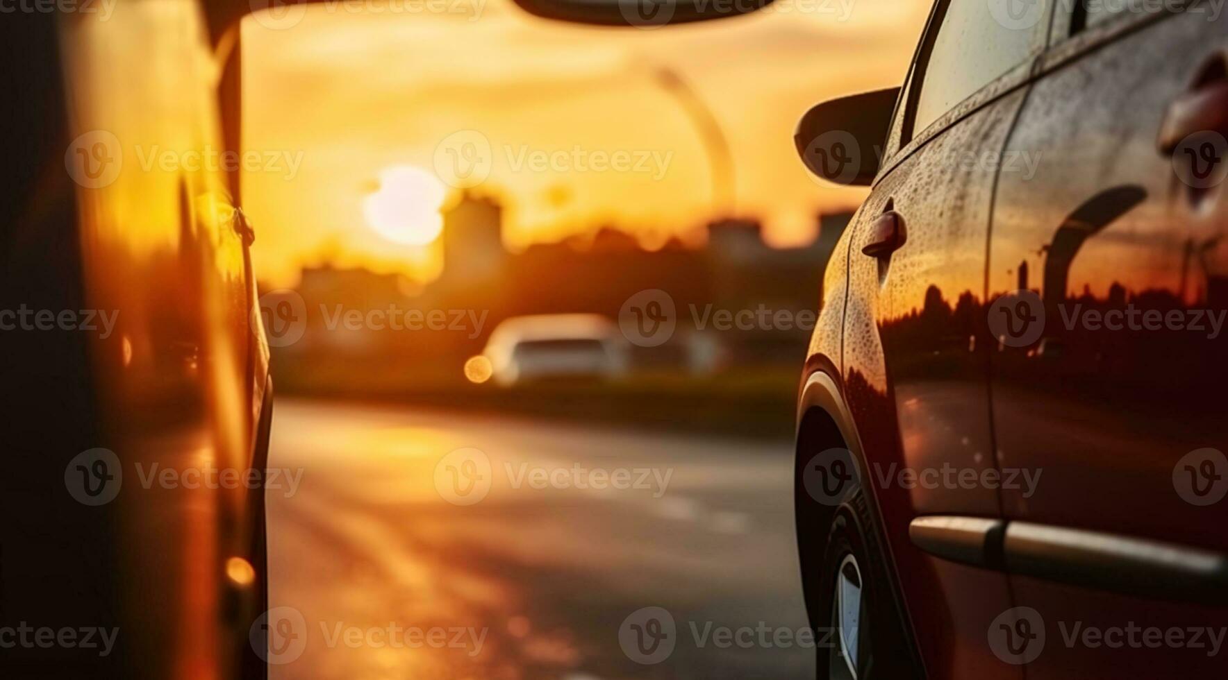 pôr do sol dentro a cidade, verão pôr do sol em a rodovia carros. fechar acima a partir de carro lado espelho, generativo ai foto