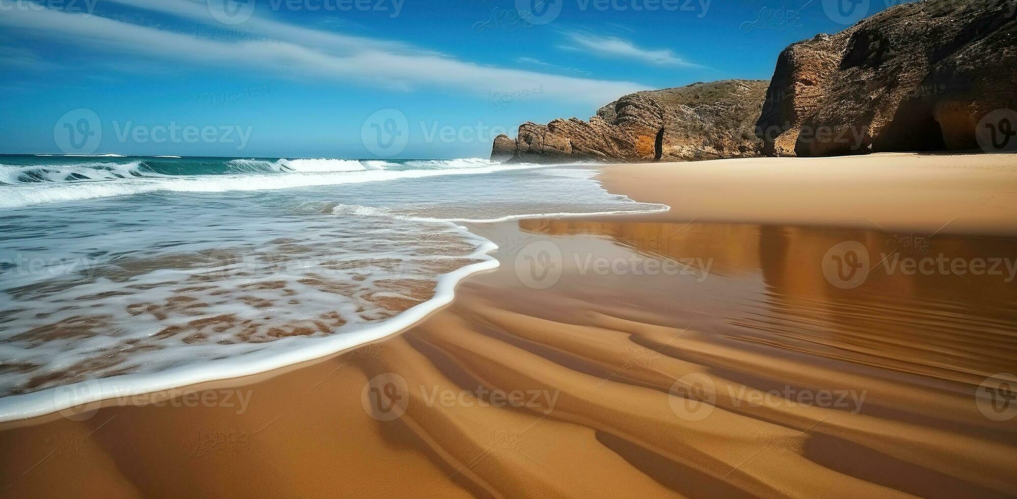 uma arenoso de praia com ondas chegando dentro a partir de a água e uma penhasco dentro a distância com uma azul céu e nuvens acima isto e uma azul oceano. generativo ai foto