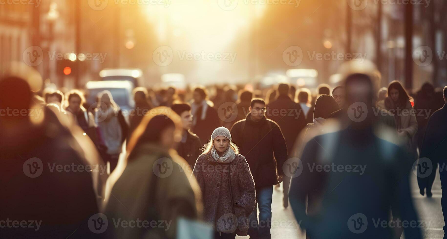 multidão do pessoas caminhando dentro a rua com suave bokeh, velozes comovente dentro cidade, generativo ai foto