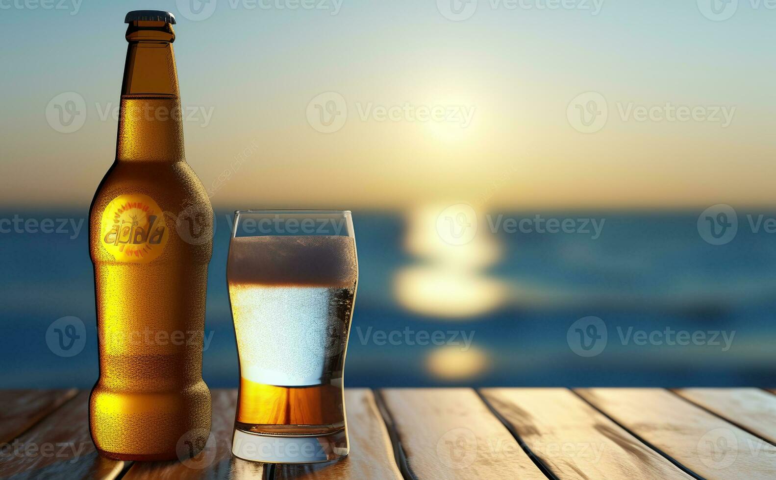 a condensação preenchidas Cerveja vidro e a aberto Cerveja garrafa em a madeira mesa. generativo ai foto