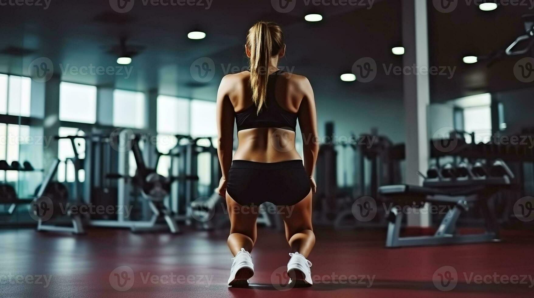 jovem mulher exercício com peso dentro a academia. generativo ai foto