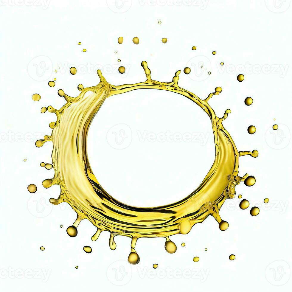 salpicos do oleoso líquido arranjado dentro uma círculo isolado em uma branco fundo generativo ai foto