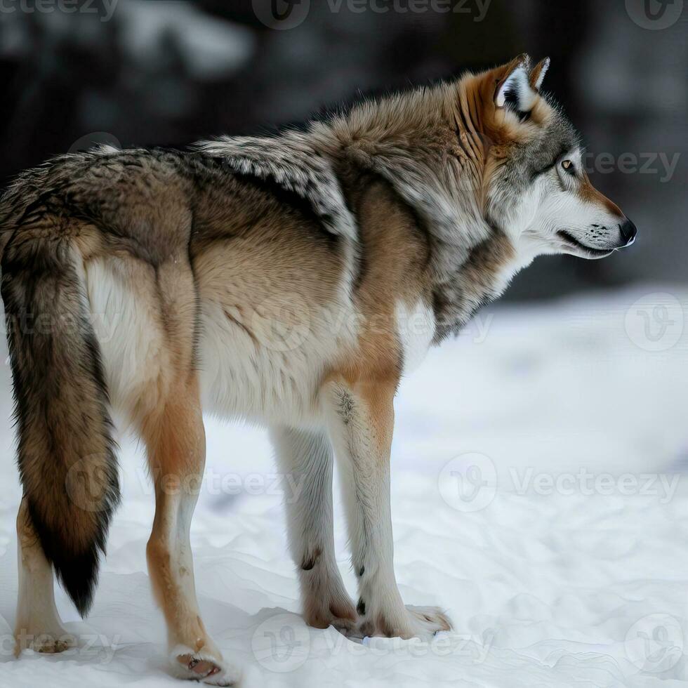 uma Lobo é em pé dentro a neve com neve em a terra generativo ai foto