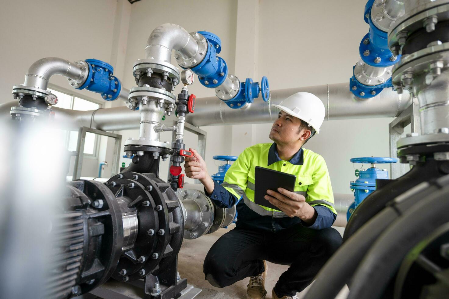 manutenção engenheiros inspecionar a sistema do bombeamento estações e tubos entregando limpar \ limpo água e água armazenamento tanques para a comunidade. foto