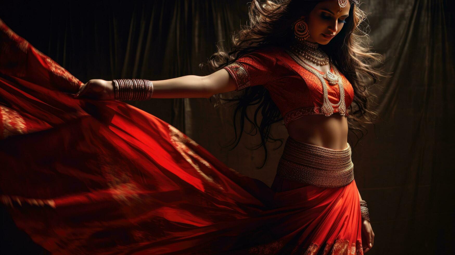 lindo indiano menina hindu fêmea modelo dentro sari e Kundan acessórios vermelho tradicional traje do Índia foto