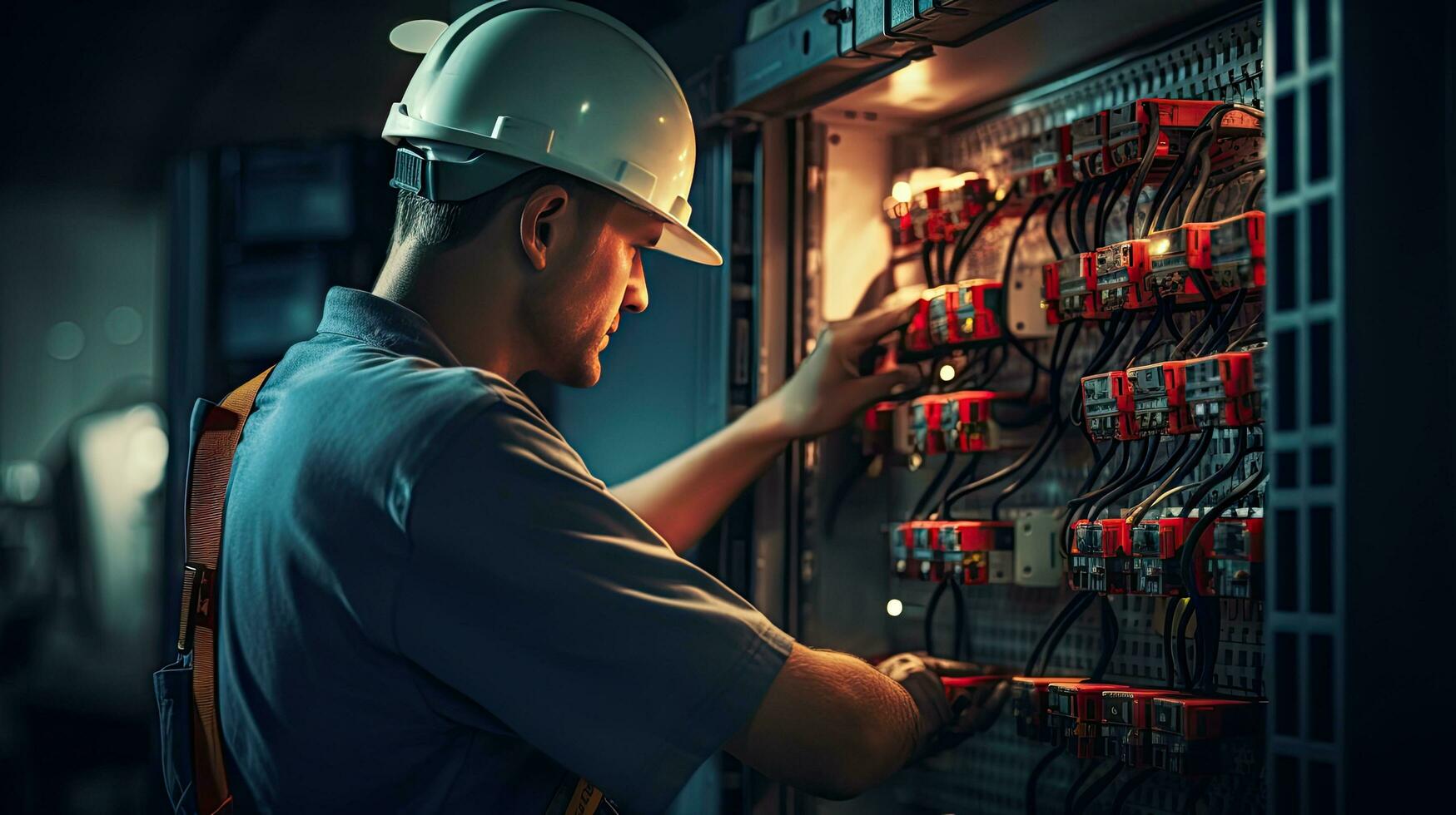 eletricista engenheiro com plano para Verifica elétrico fornecem dentro frente do ao controle fusível quadro de distribuição foto