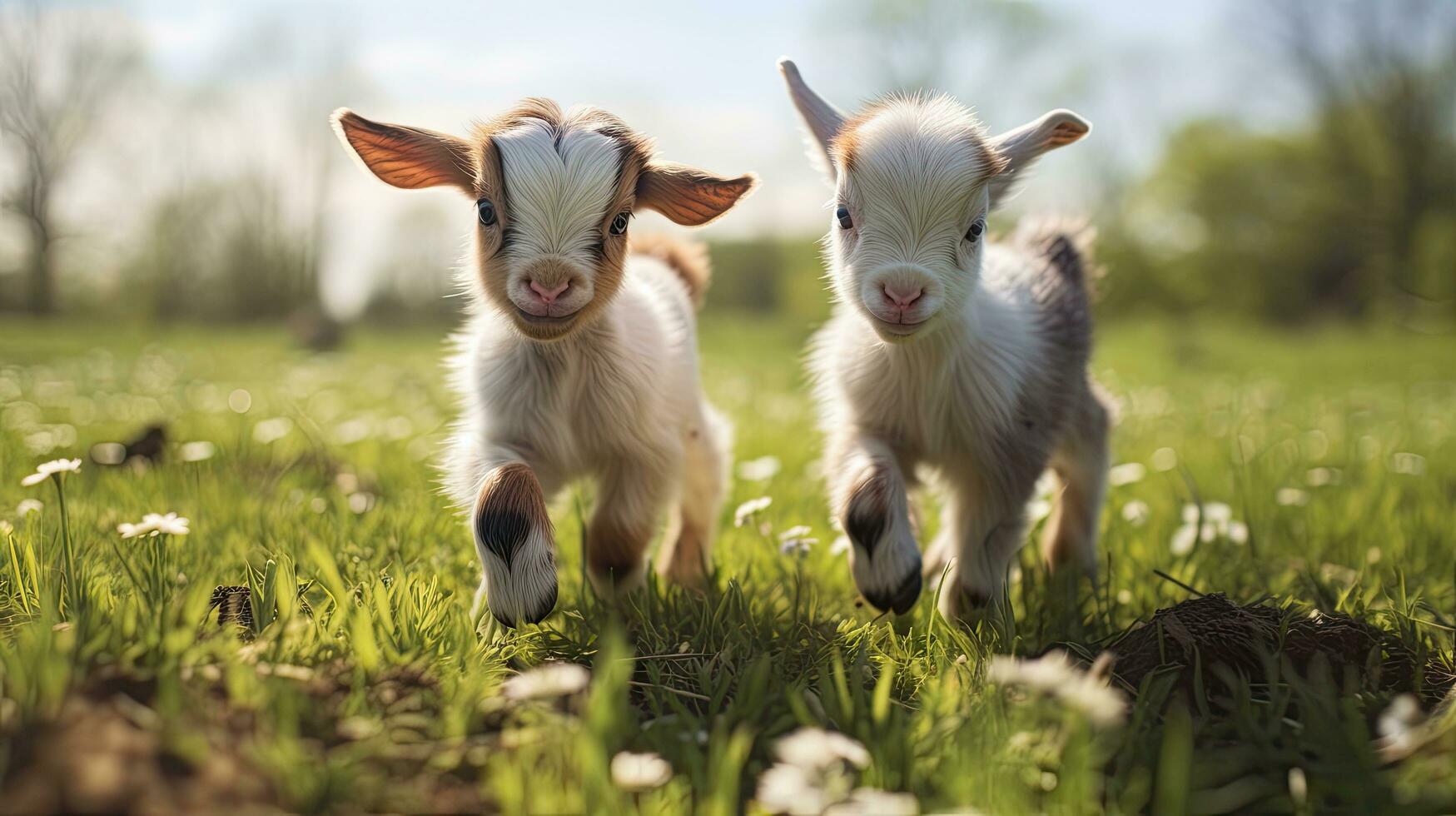 dois bebê cabras jogando dentro a verde campo foto