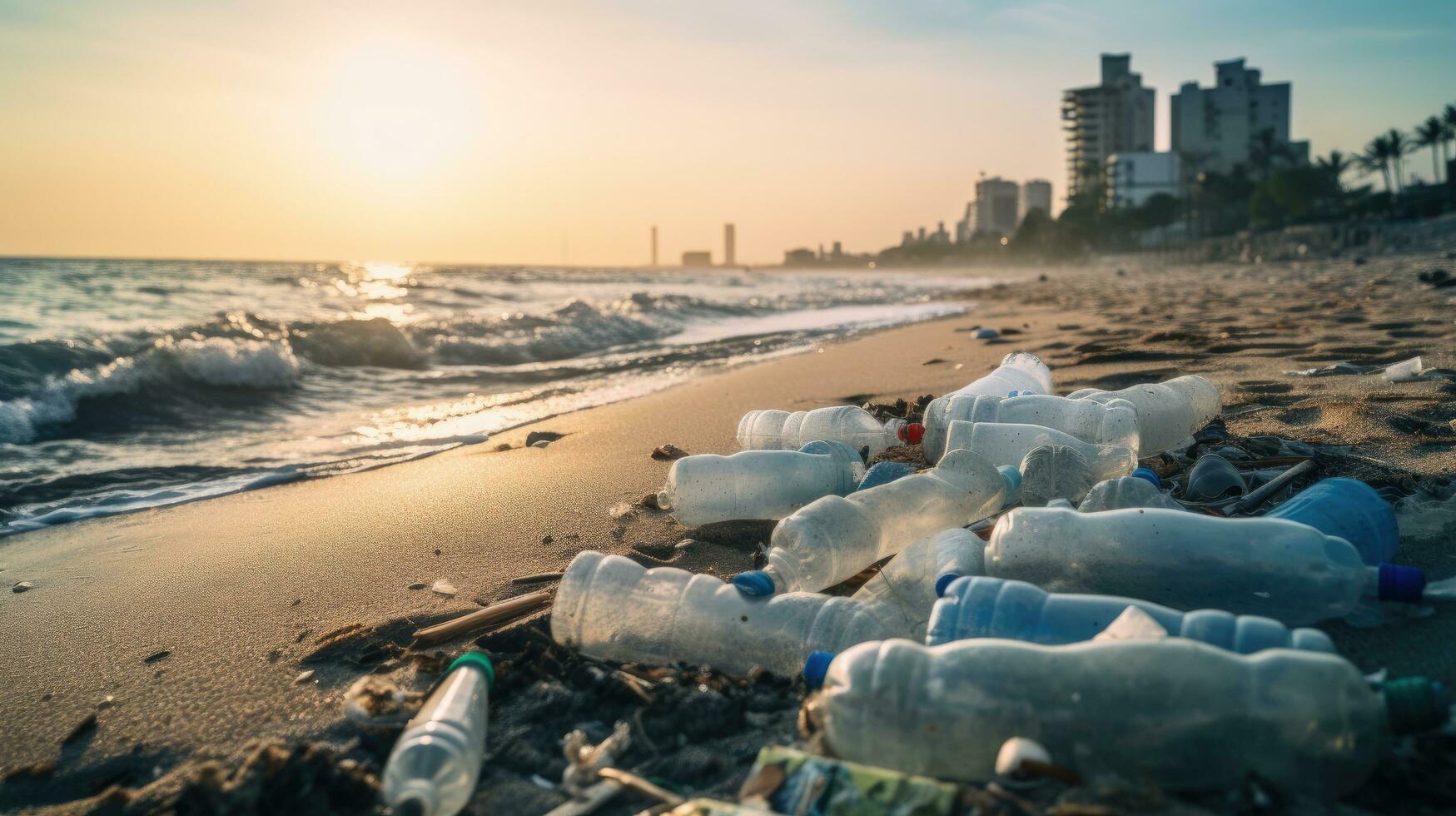 lixo em a Beira do a esvaziar e sujo plástico garrafa grande cidade de praia de Meio Ambiente poluição ecológico problemas foto