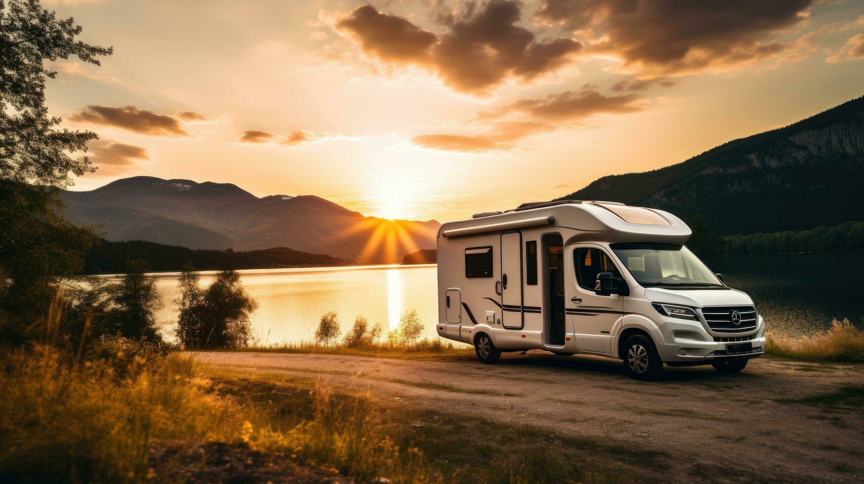 família período de férias viagem trailer, feriado viagem dentro autocaravana, caravana carro período de férias. lindo natureza Noruega natural panorama. foto