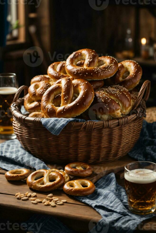 oktoberfest arranjo com delicioso pretzel e Cerveja festival foto