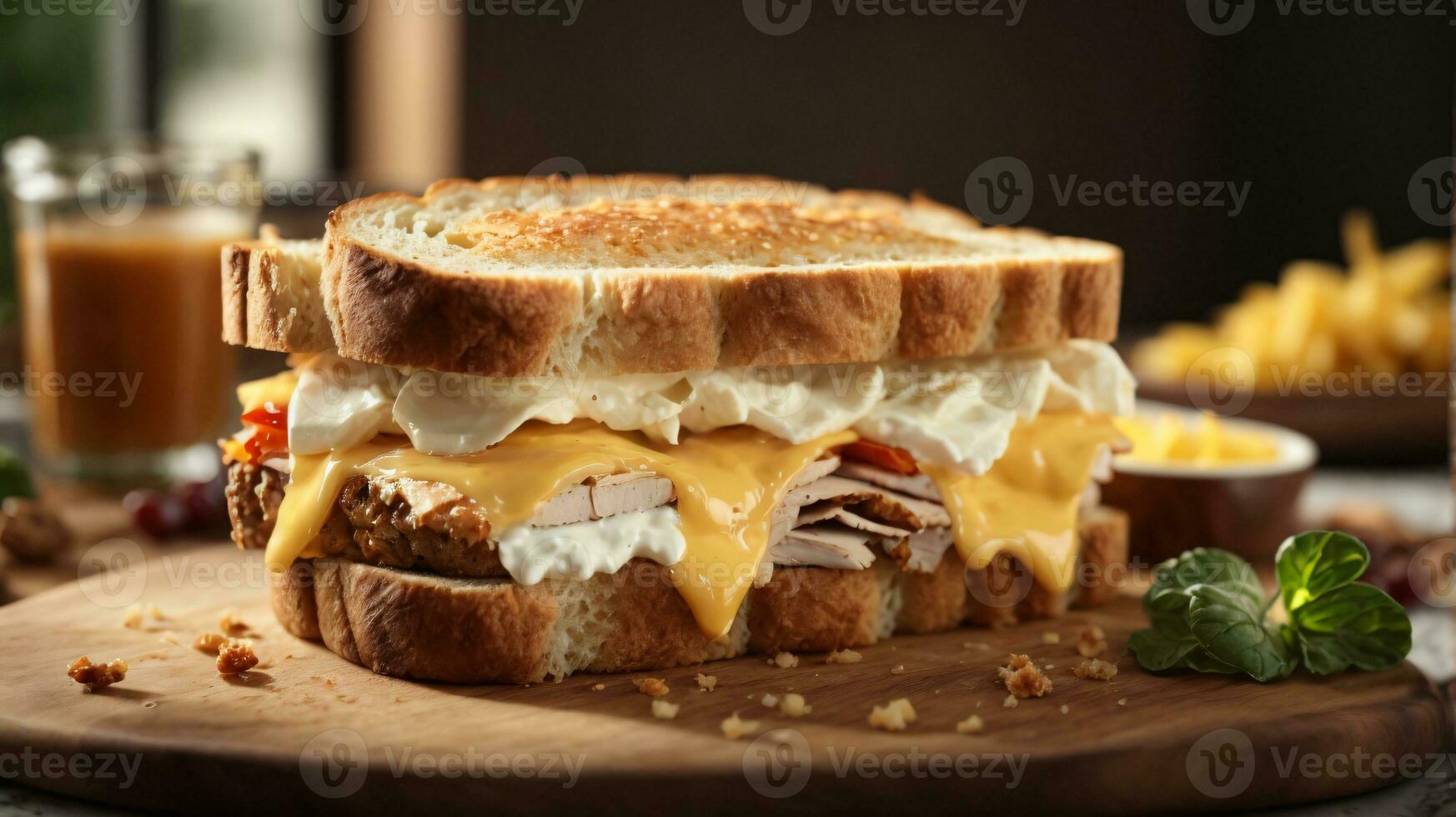 sanduíche com misturado ingredientes e francês fritas em uma de madeira borda foto