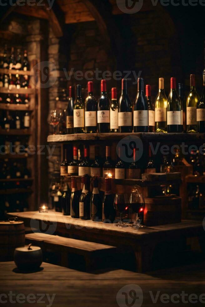 saboroso vinho arranjado em mesa e a estante dentro vinho porão fundo foto