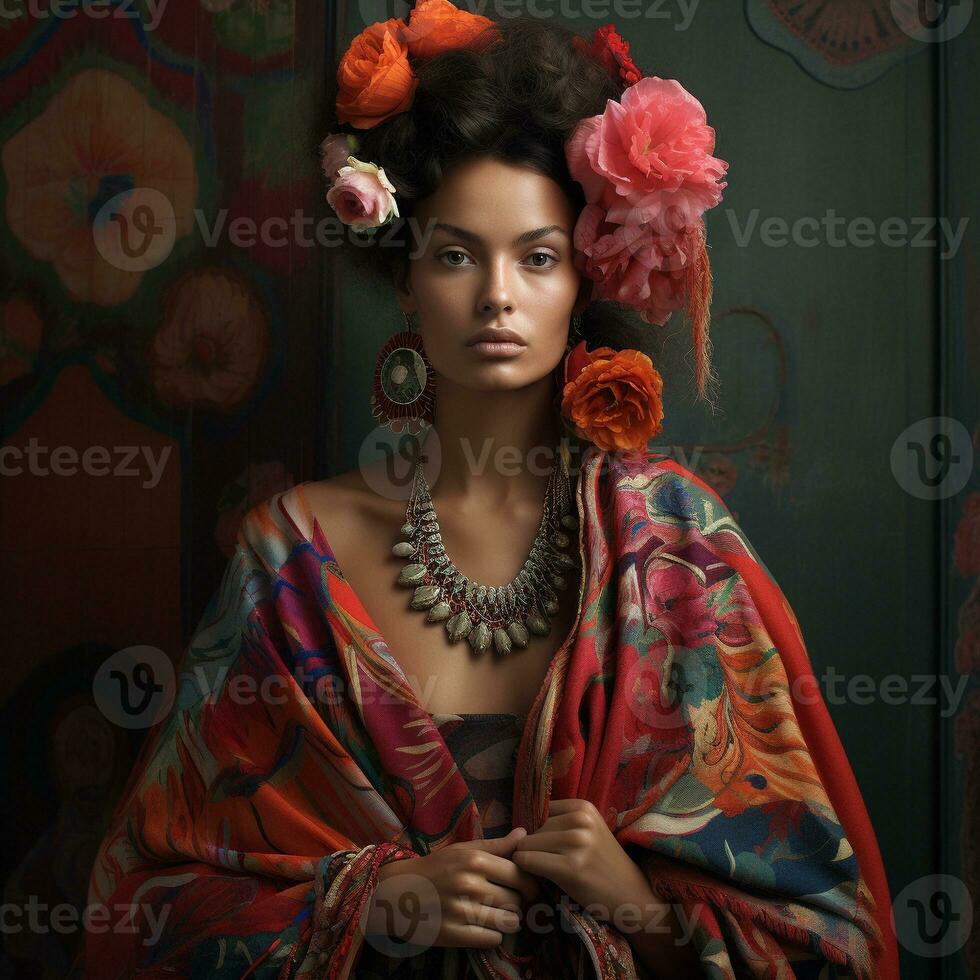 uma mulher vestido acima com flores e colorida pano generativo ai foto