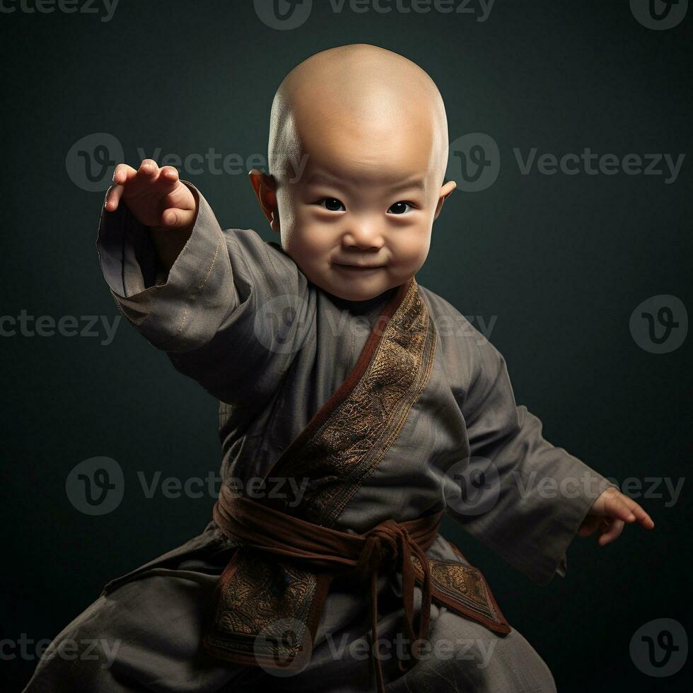 uma fofa chinês bebê é jogando chinês kung fu em Sombrio fundo generativo ai foto