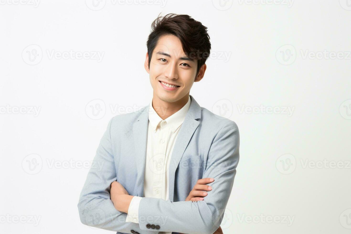 uma jovem japonês feliz bonito homem posando em branco fundo generativo ai foto