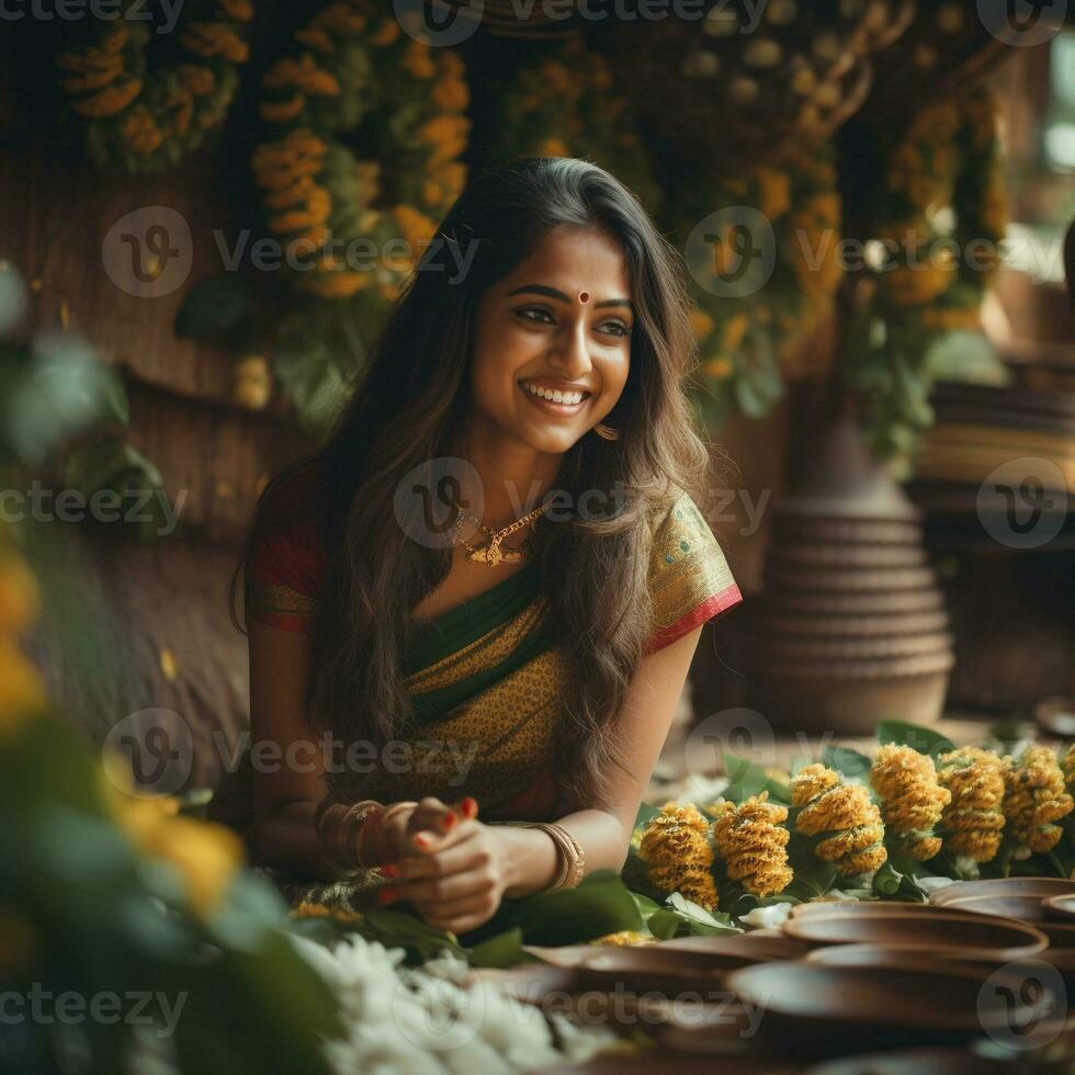 uma lindo sul indiano menina sentado e fazer flores festão generativo ai foto