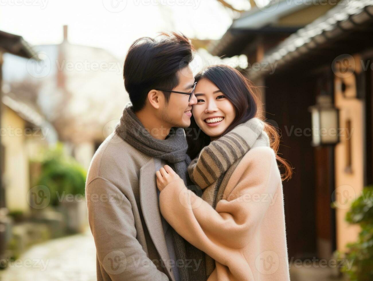 amoroso ásia casal é desfrutando uma romântico outono dia ai generativo foto