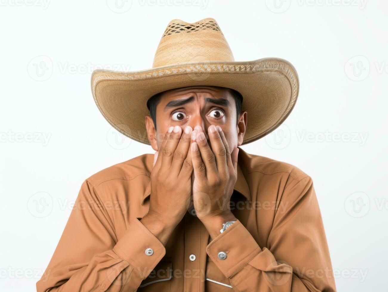 mexicano homem dentro emocional pose em branco fundo ai generativo foto