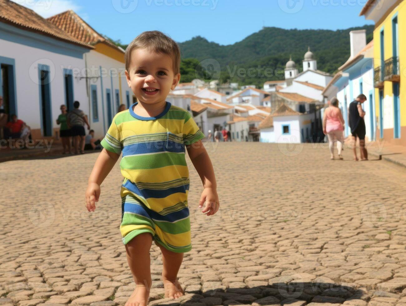 criança goza uma vagaroso passear através a vibrante cidade ruas ai generativo foto