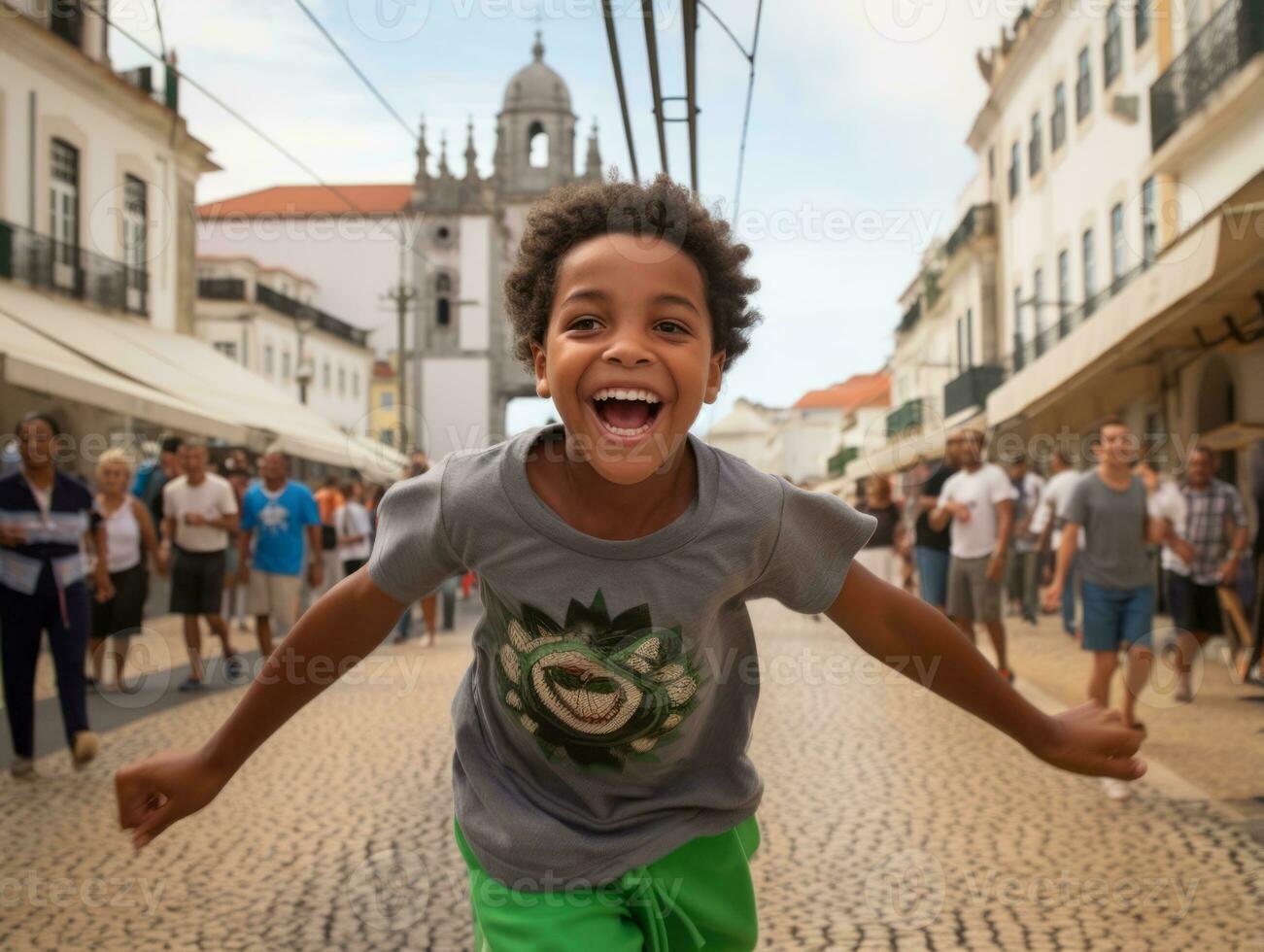 criança goza uma vagaroso passear através a vibrante cidade ruas ai generativo foto