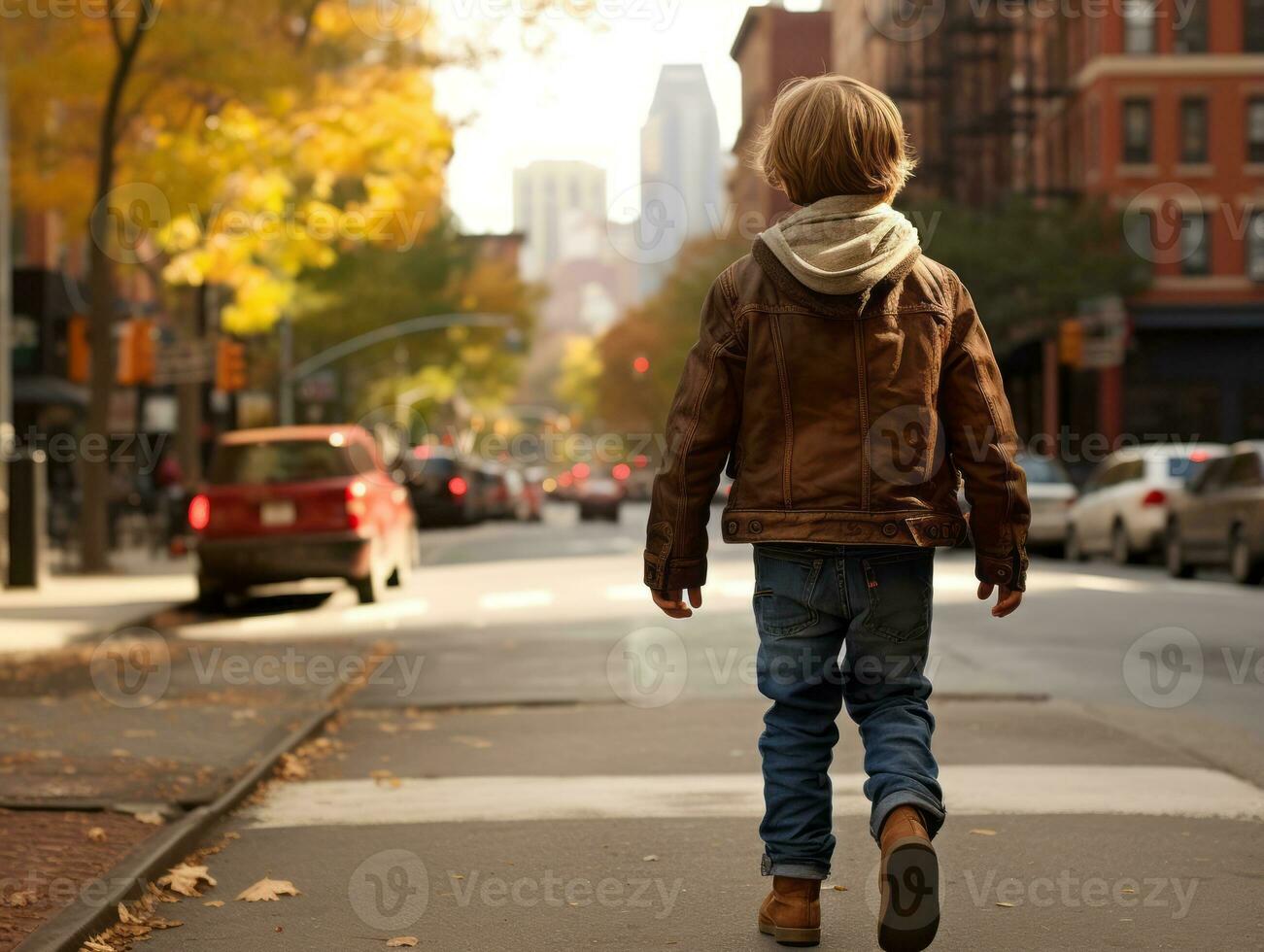 criança goza uma vagaroso passear através a vibrante cidade ruas ai generativo foto