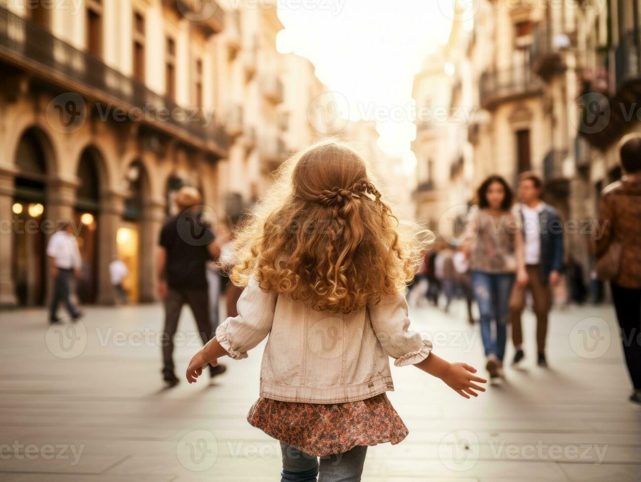 criança goza uma vagaroso passear através a vibrante cidade ruas ai generativo foto