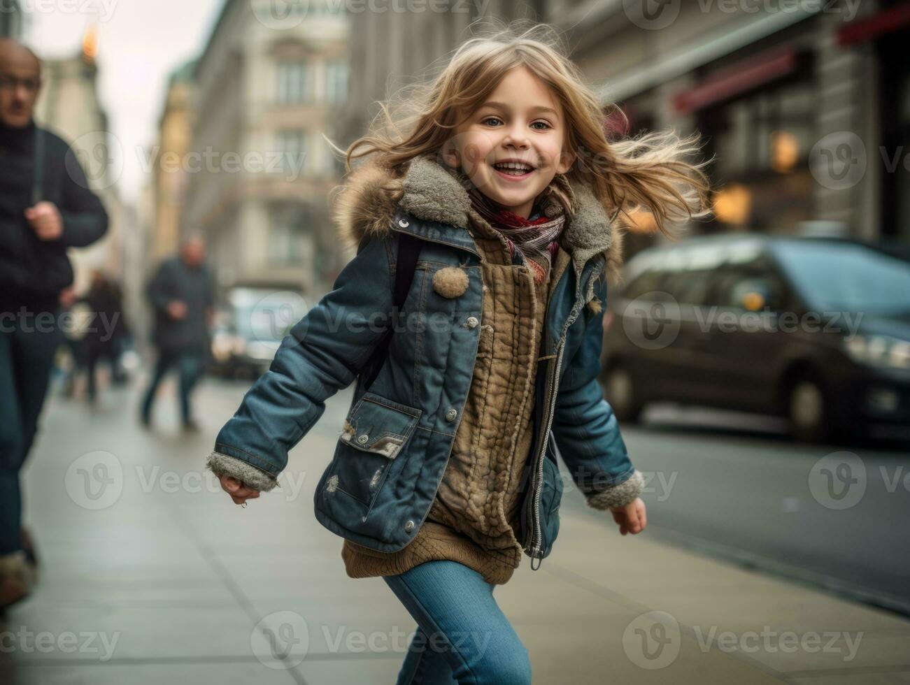 criança goza uma vagaroso passear através a vibrante cidade ruas ai generativo foto