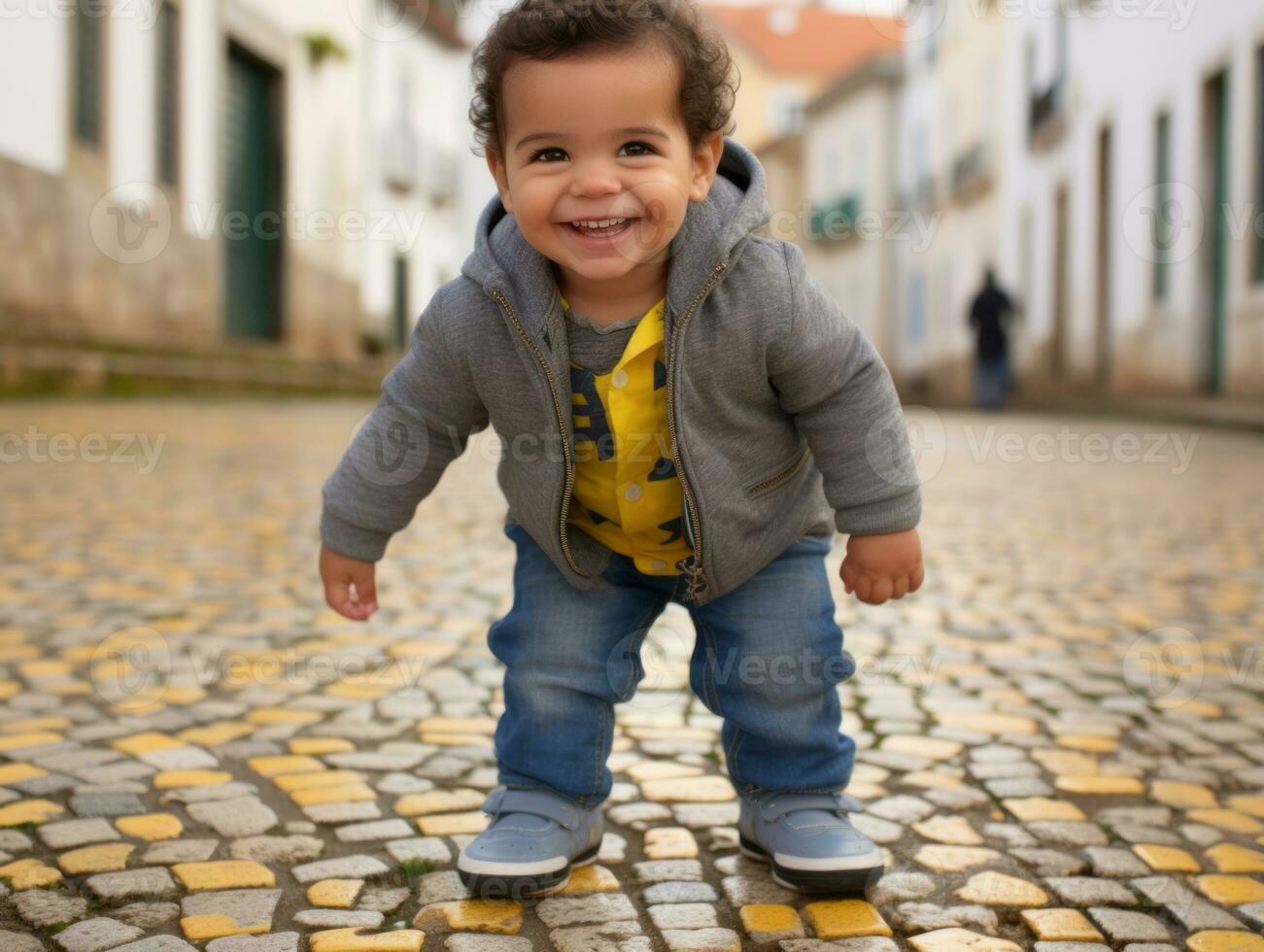 criança goza uma vagaroso passear através a vibrante cidade ruas ai generativo foto