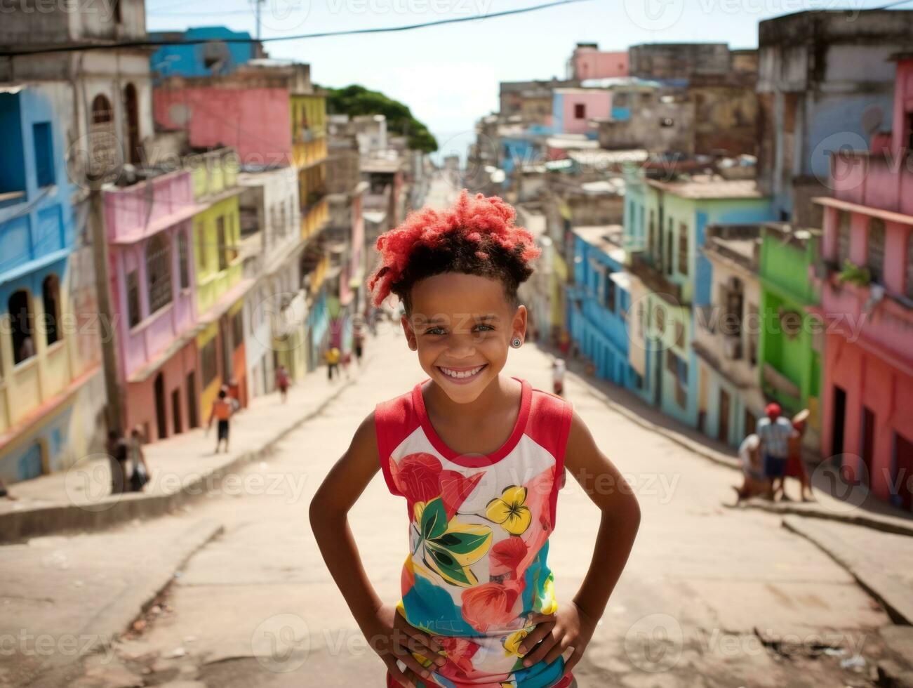 criança goza uma vagaroso passear através a vibrante cidade ruas ai generativo foto